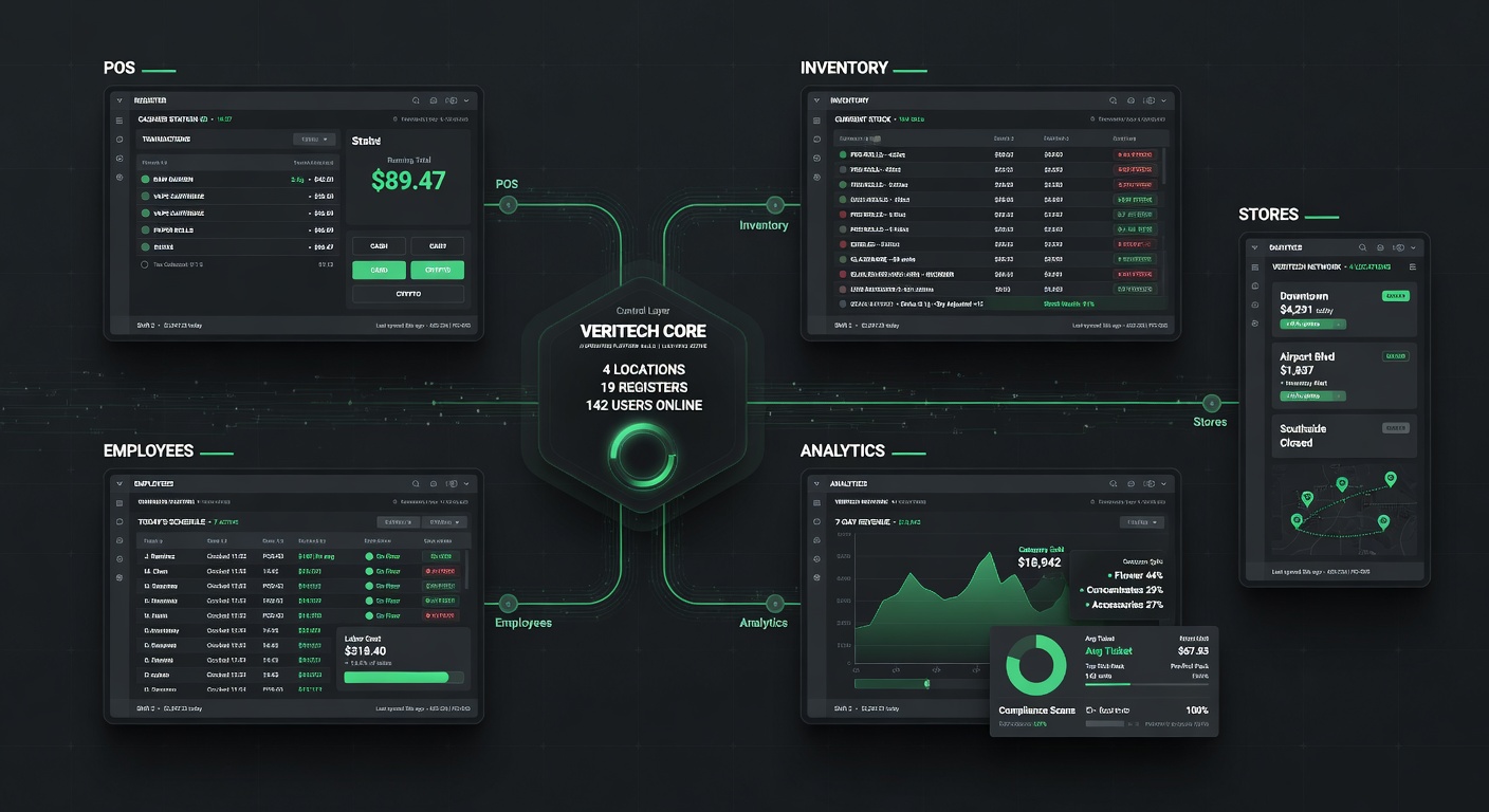 VeriTech Core connecting POS, inventory, employees, analytics, and every store location in one live system