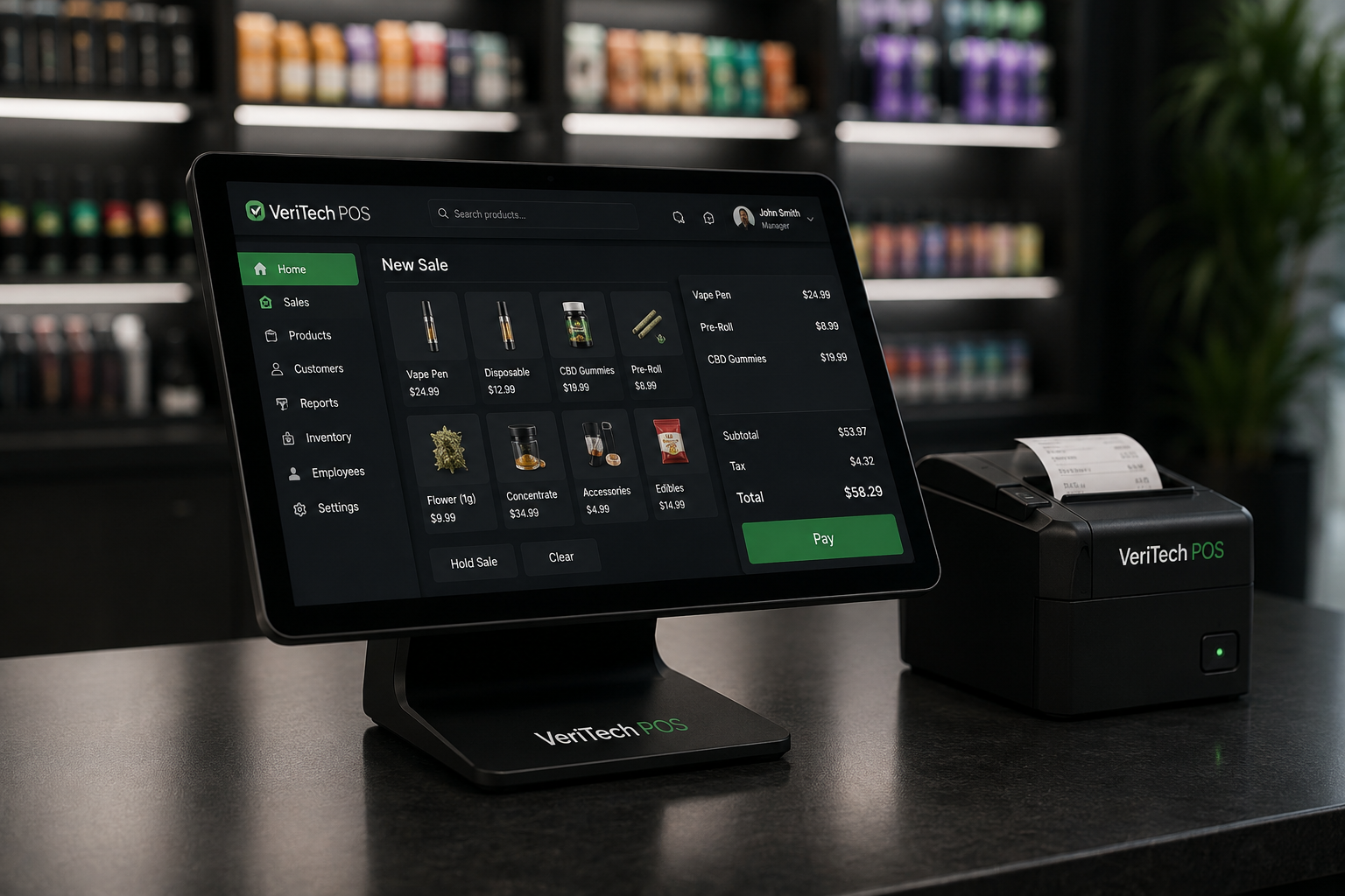 A VeriTech POS tablet register on a stand beside a receipt printer on a shop counter